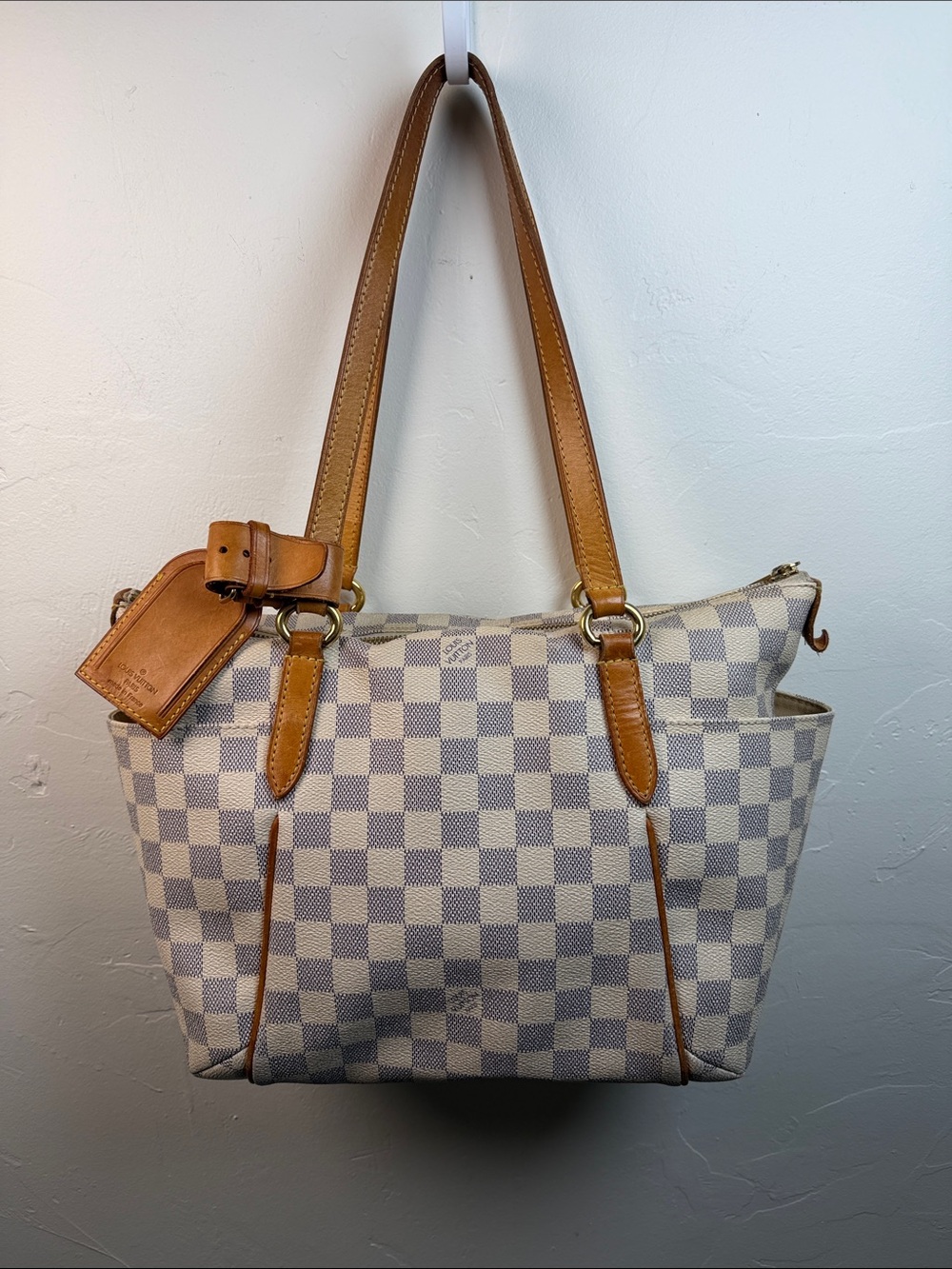 Louis Vuitton Damier Azur Blue and Cream Canvas Tote with Brown Leather Trim